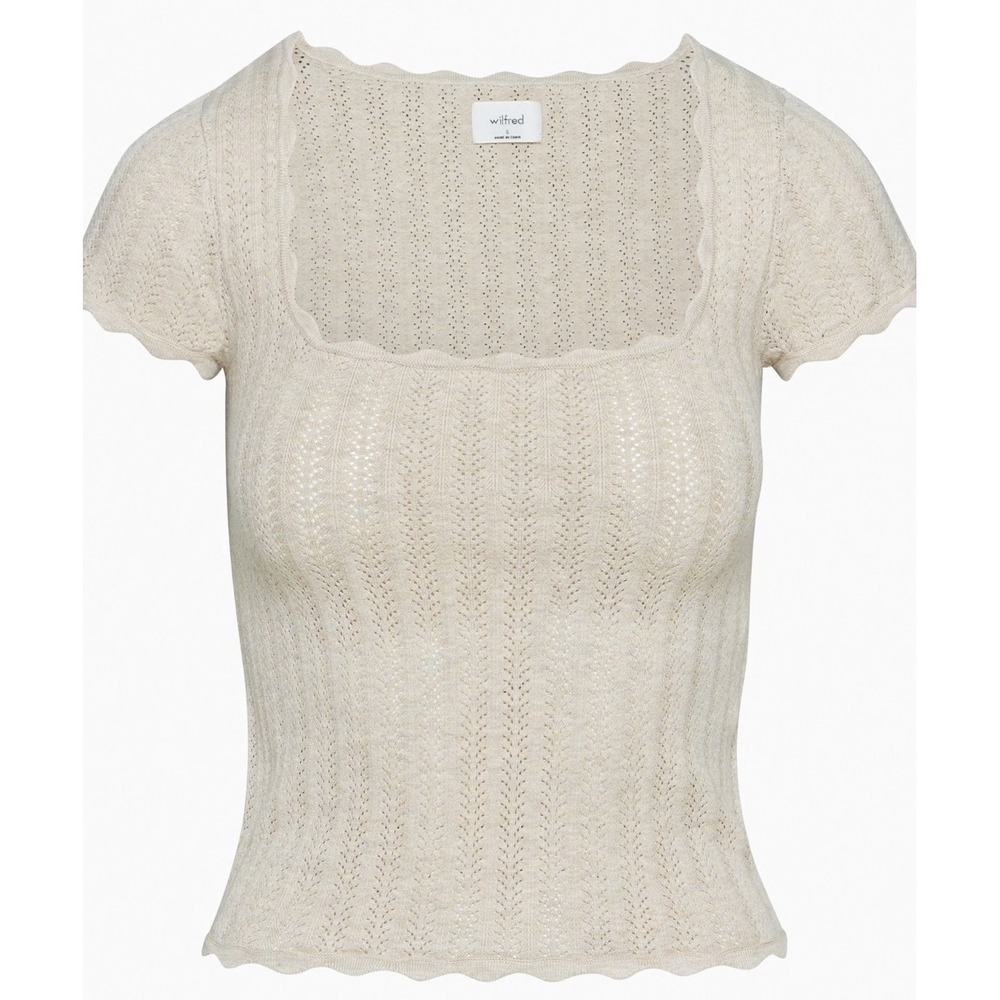 Wilfred Aritzia Parcel Top Beige Pointelle Knit Scalloped Square Neck XS